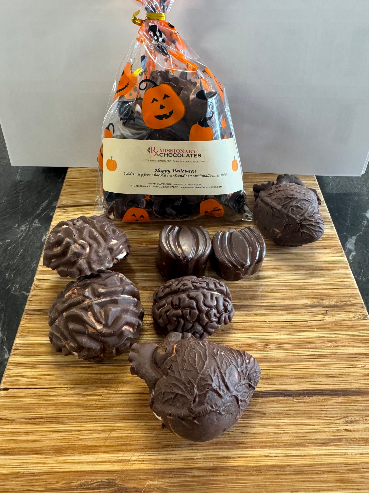 Chocolate Pumpkins, Brains & Anatomical Hearts, filled with Mini Dandies' Marshmallows!